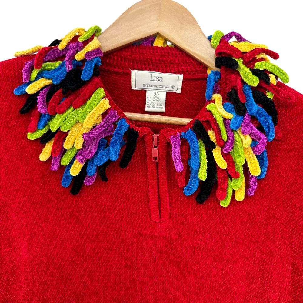 VTG Lisa Colorful Shaggy Fringe Collar 1/4 Zip Knit Sweater Red L 90s Grannycore